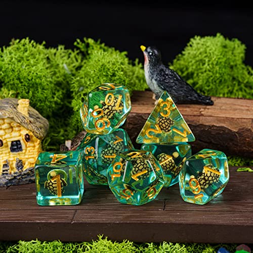 Cusdie Brown Turtle DND Dice Set – 7 Polyhedral Dice with Animal Inside
