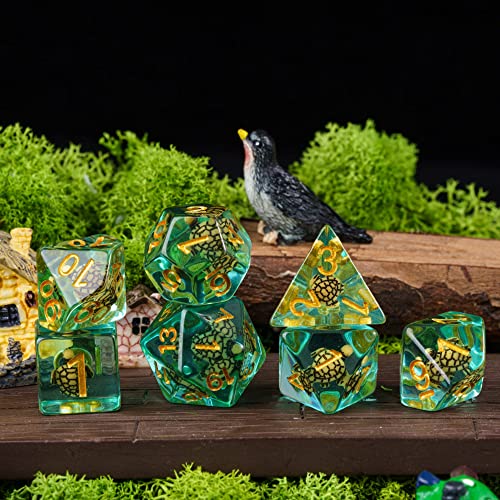Cusdie Brown Turtle DND Dice Set – 7 Polyhedral Dice with Animal Inside