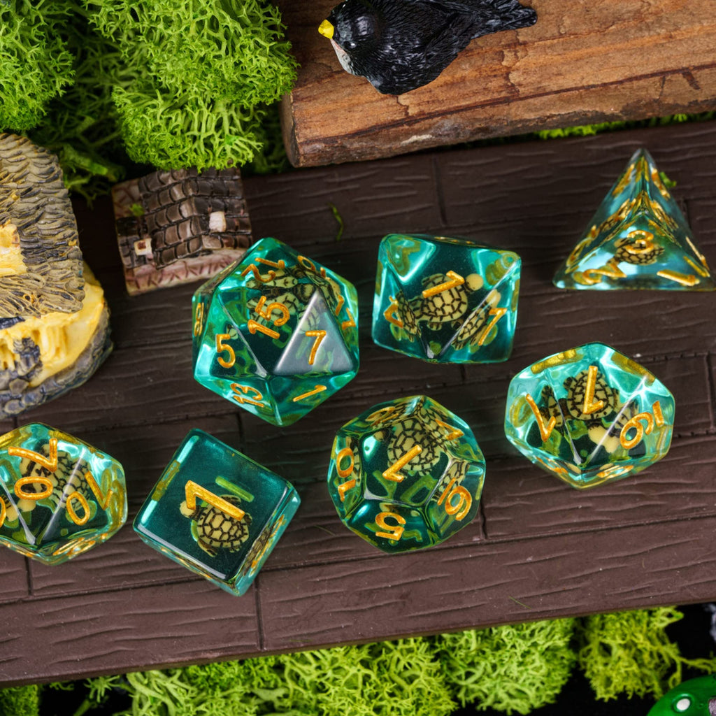 Cusdie Brown Turtle DND Dice Set – 7 Polyhedral Dice with Animal Inside