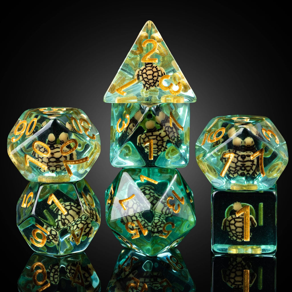Cusdie Brown Turtle DND Dice Set – 7 Polyhedral Dice with Animal Inside