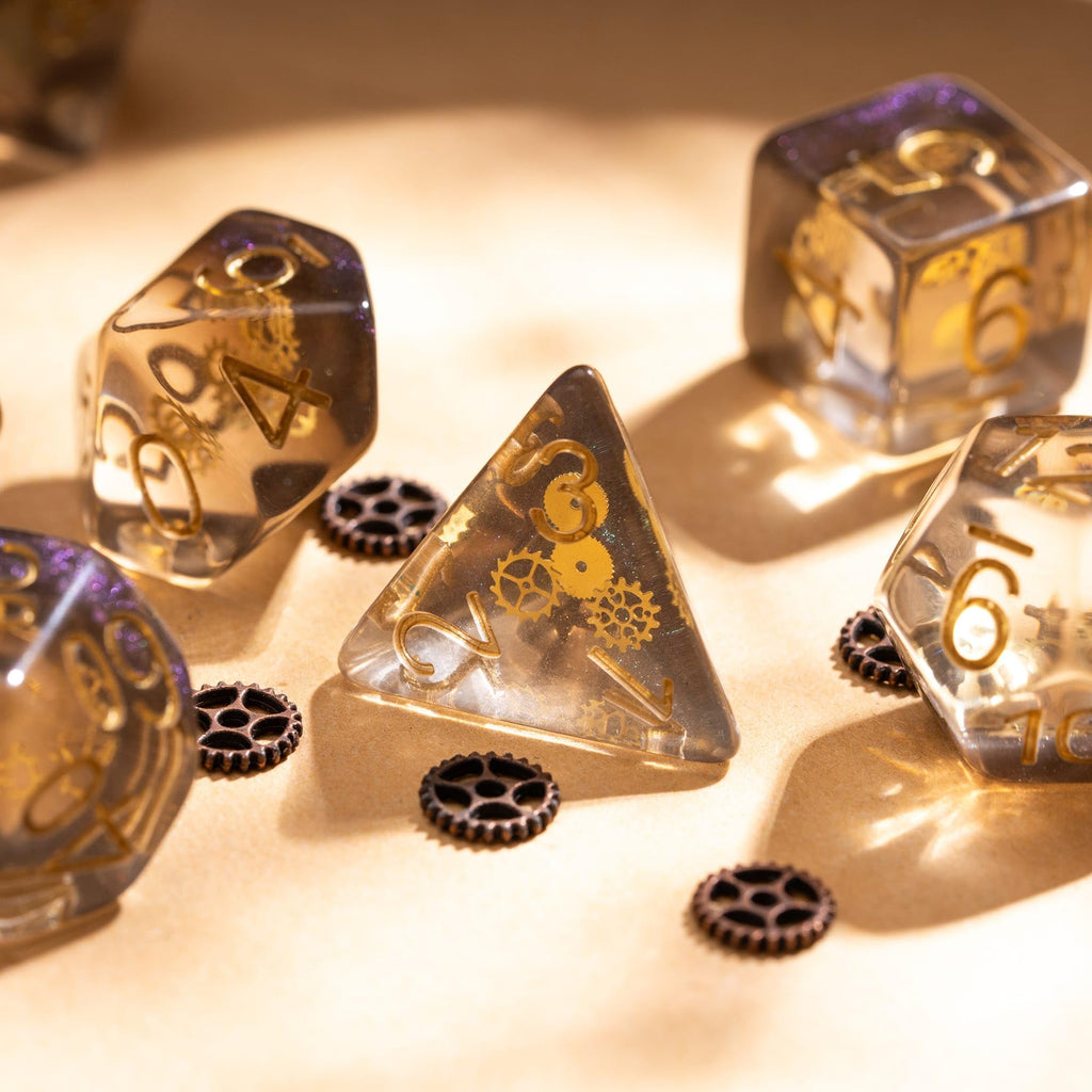 Cusdie DND Dice Set with Golden Gears – Galaxy Resin Polyhedral Dice for Tabletop Games
