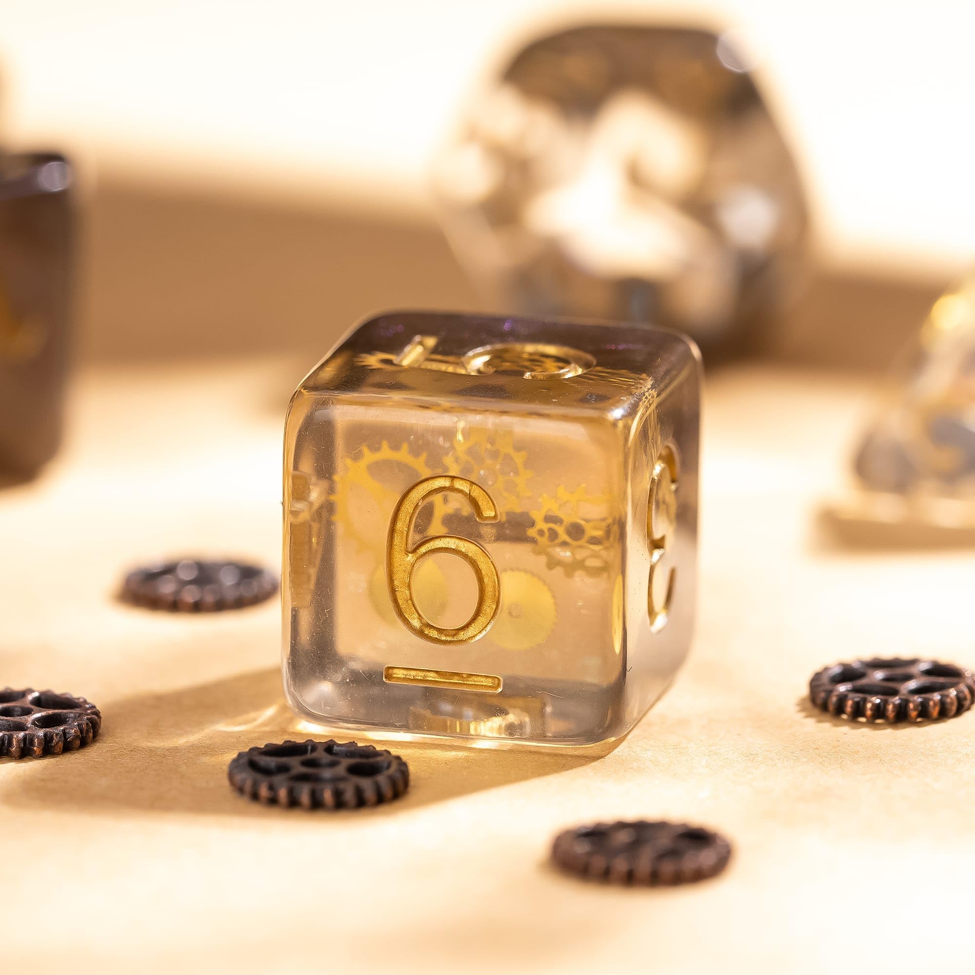 Cusdie DND Dice Set with Golden Gears – Galaxy Resin Polyhedral Dice for Tabletop Games