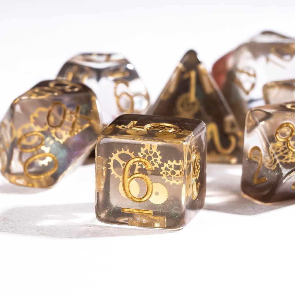 Cusdie DND Dice Set with Golden Gears – Galaxy Resin Polyhedral Dice for Tabletop Games