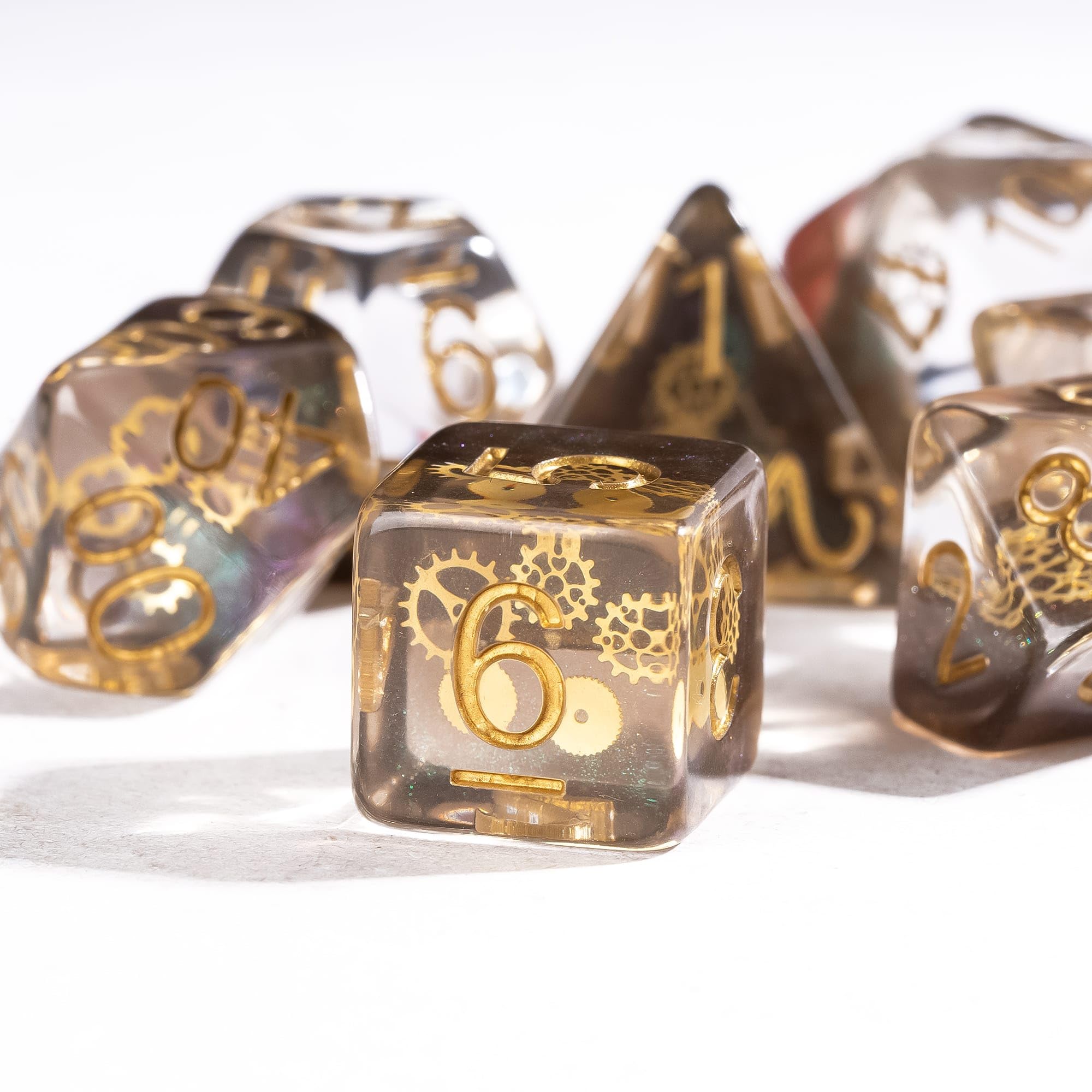 Cusdie DND Dice Set with Golden Gears – Galaxy Resin Polyhedral Dice for Tabletop Games