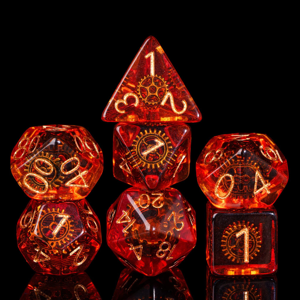 Cusdie DND Dice Set with Red Copper Gears – Polyhedral Resin Dice for Tabletop RPGs