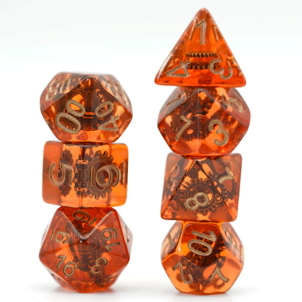 Cusdie DND Dice Set with Red Copper Gears – Polyhedral Resin Dice for Tabletop RPGs