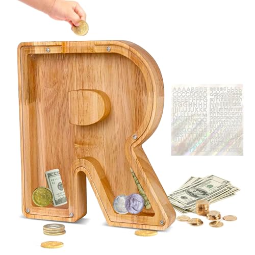 Custom Wooden Piggy Bank with 26 Letter Stickers – DIY Personalized Coin Jar for Kids and Gifts