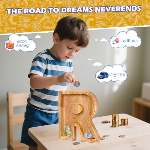 Custom Wooden Piggy Bank with 26 Letter Stickers – DIY Personalized Coin Jar for Kids and Gifts