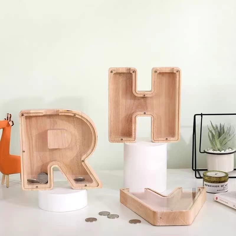 Custom Wooden Piggy Bank with 26 Letter Stickers – DIY Personalized Coin Jar for Kids and Gifts