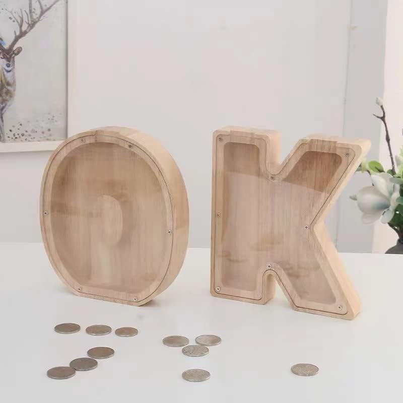 Custom Wooden Piggy Bank with 26 Letter Stickers – DIY Personalized Coin Jar for Kids and Gifts