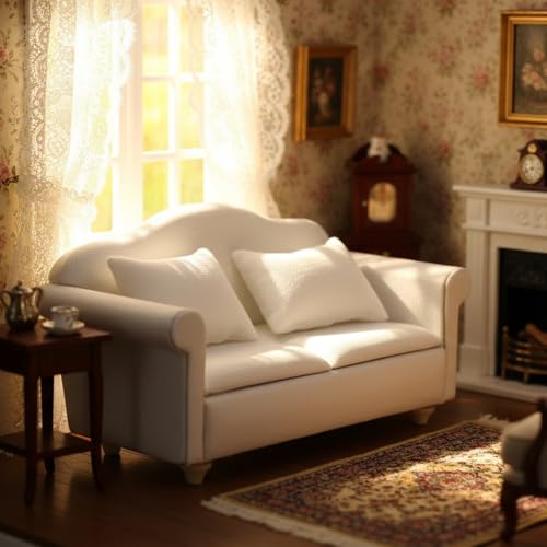 Cutemini 1:12 Scale Dollhouse Miniature Sofa with Pillows – White Upholstered Armchair for Living Room Scene Decoration (3-Piece Set)