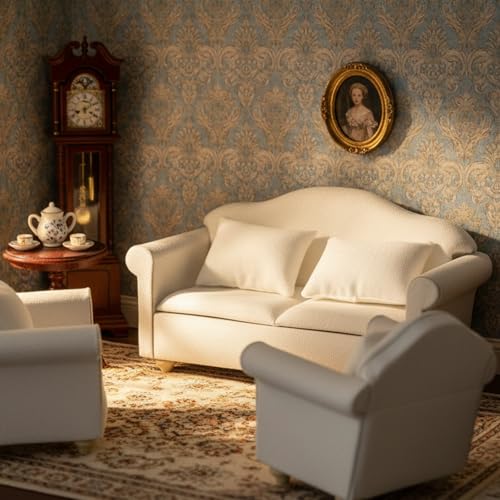 Cutemini 1:12 Scale Dollhouse Miniature Sofa with Pillows – White Upholstered Armchair for Living Room Scene Decoration (3-Piece Set)