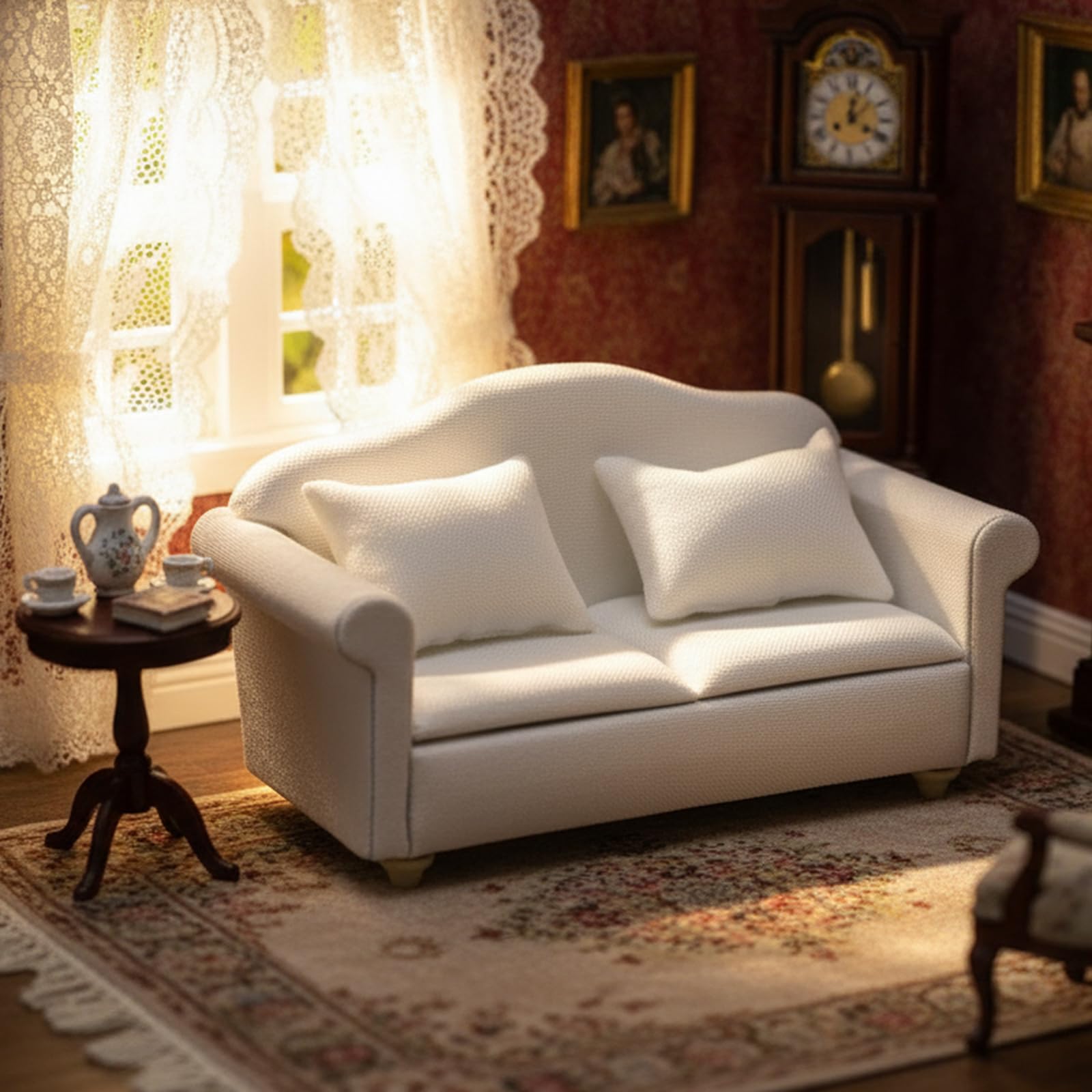 Cutemini 1:12 Scale Dollhouse Miniature Sofa with Pillows – White Upholstered Armchair for Living Room Scene Decoration (3-Piece Set)