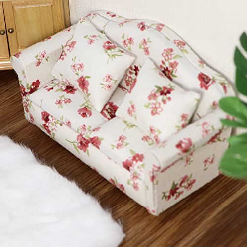 Cutemini Dollhouse Miniature Sofa with Pillows 1:12 Scale White Floral Upholstered Double Couch for Living Room Scene