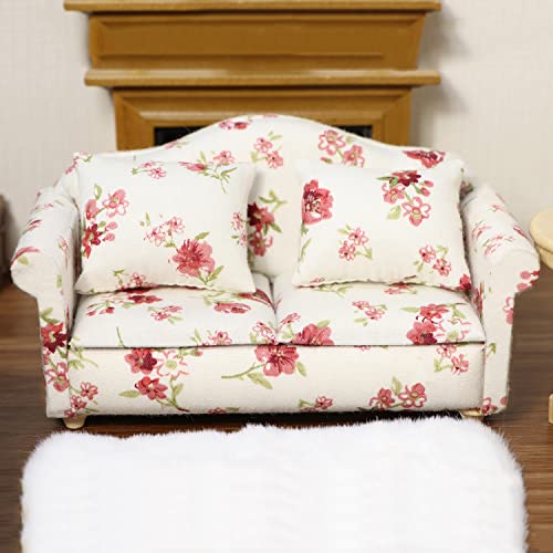 Cutemini Dollhouse Miniature Sofa with Pillows 1:12 Scale White Floral Upholstered Double Couch for Living Room Scene