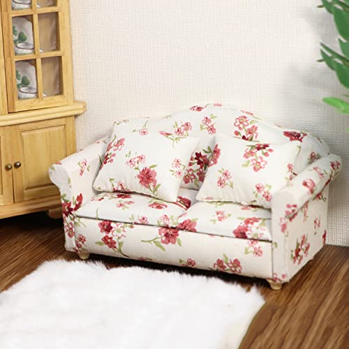Cutemini Dollhouse Miniature Sofa with Pillows 1:12 Scale White Floral Upholstered Double Couch for Living Room Scene