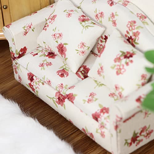 Cutemini Dollhouse Miniature Sofa with Pillows 1:12 Scale White Floral Upholstered Double Couch for Living Room Scene