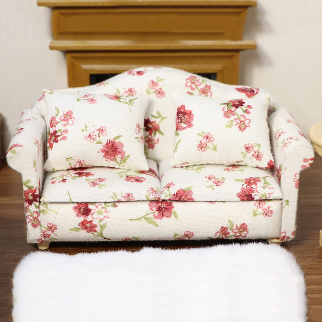 Cutemini Dollhouse Miniature Sofa with Pillows 1:12 Scale White Floral Upholstered Double Couch for Living Room Scene