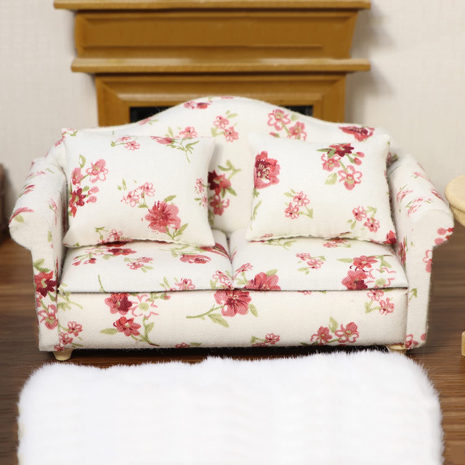 Cutemini Dollhouse Miniature Sofa with Pillows 1:12 Scale White Floral Upholstered Double Couch for Living Room Scene