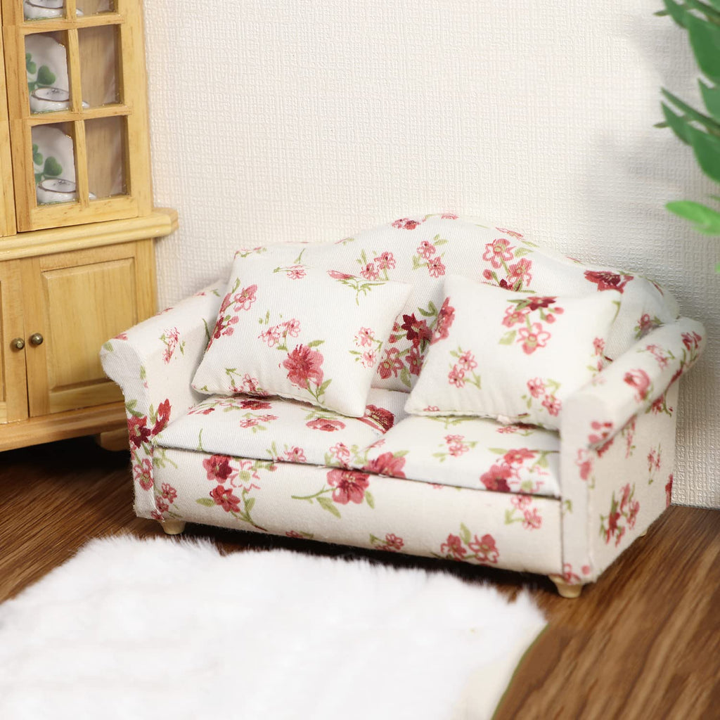 Cutemini Dollhouse Miniature Sofa with Pillows 1:12 Scale White Floral Upholstered Double Couch for Living Room Scene