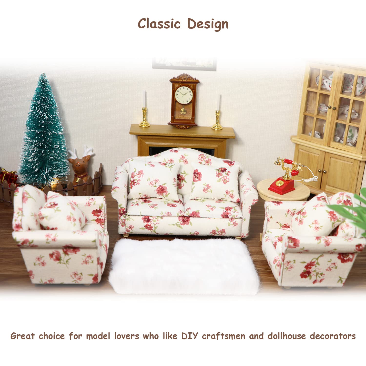 Cutemini Dollhouse Miniature Sofa with Pillows 1:12 Scale White Floral Upholstered Double Couch for Living Room Scene
