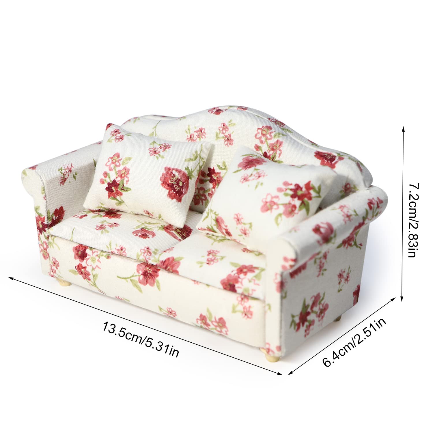 Cutemini Dollhouse Miniature Sofa with Pillows 1:12 Scale White Floral Upholstered Double Couch for Living Room Scene