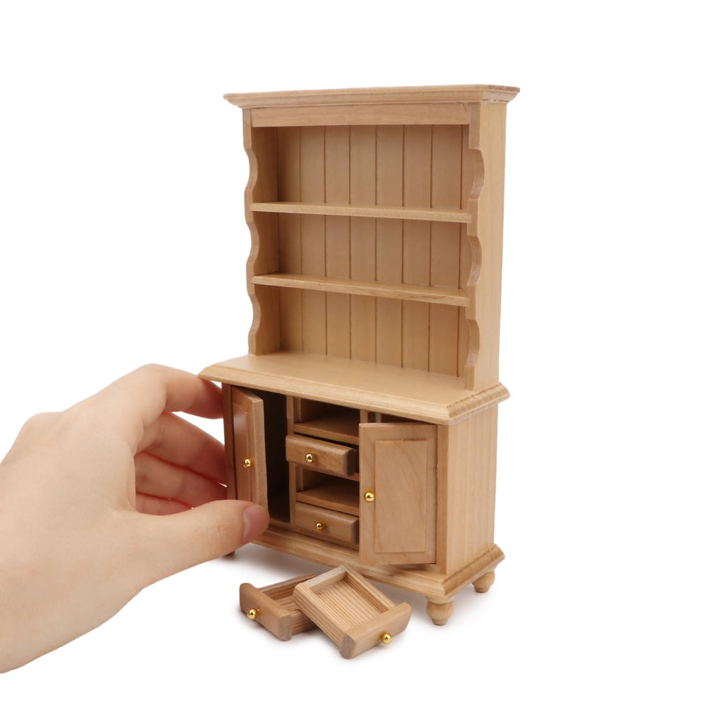 Cutemini Miniature Wooden Cupboard Bookshelf for 1:12 Scale Dollhouse - Handcrafted with Opening Drawers and Doors