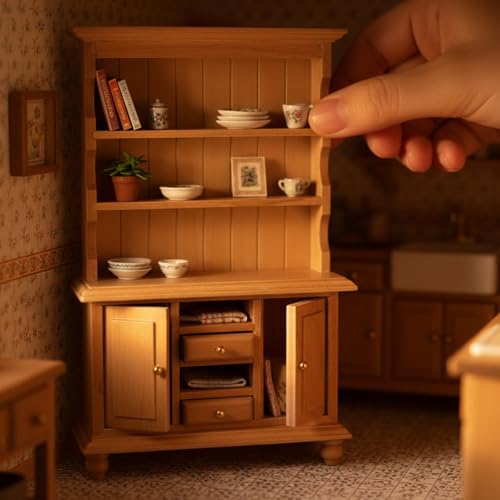 Cutemini Miniature Wooden Cupboard Bookshelf for 1:12 Scale Dollhouse - Handcrafted with Opening Drawers and Doors