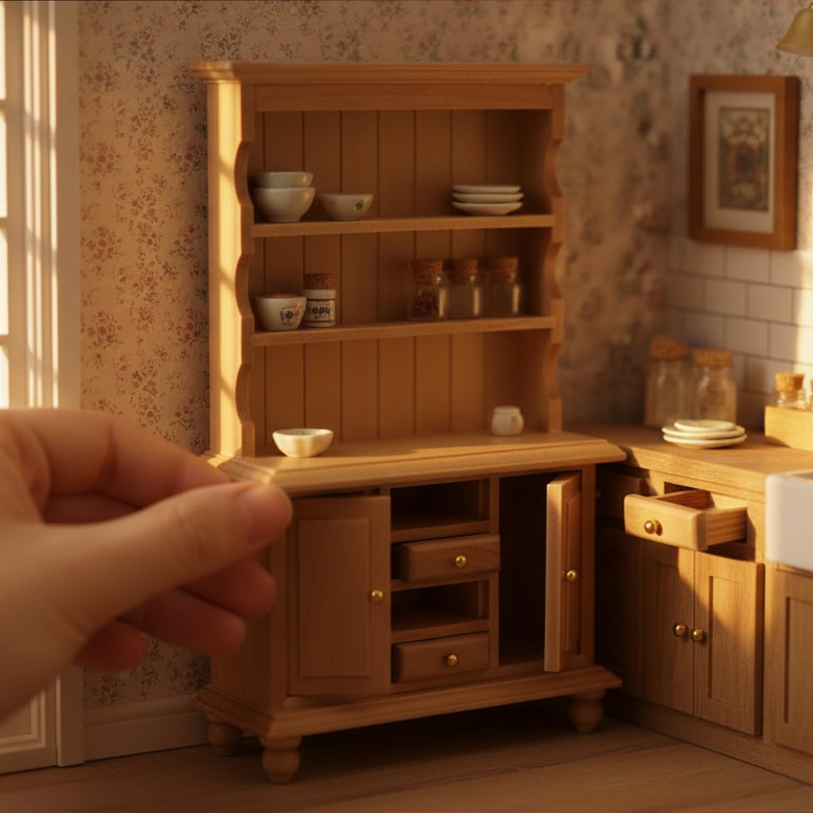 Cutemini Miniature Wooden Cupboard Bookshelf for 1:12 Scale Dollhouse - Handcrafted with Opening Drawers and Doors