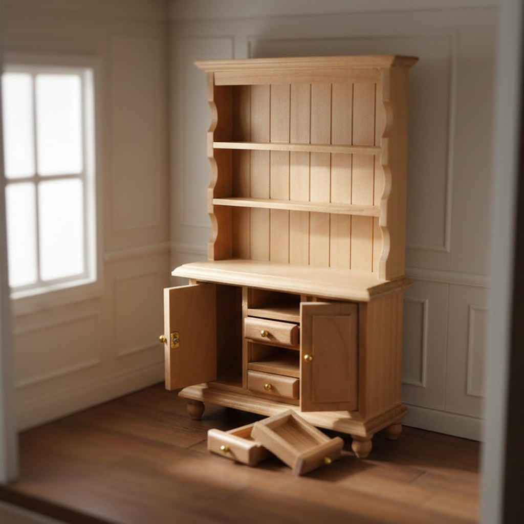 Cutemini Miniature Wooden Cupboard Bookshelf for 1:12 Scale Dollhouse - Handcrafted with Opening Drawers and Doors