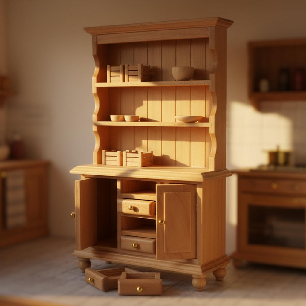 Cutemini Miniature Wooden Cupboard Bookshelf for 1:12 Scale Dollhouse - Handcrafted with Opening Drawers and Doors