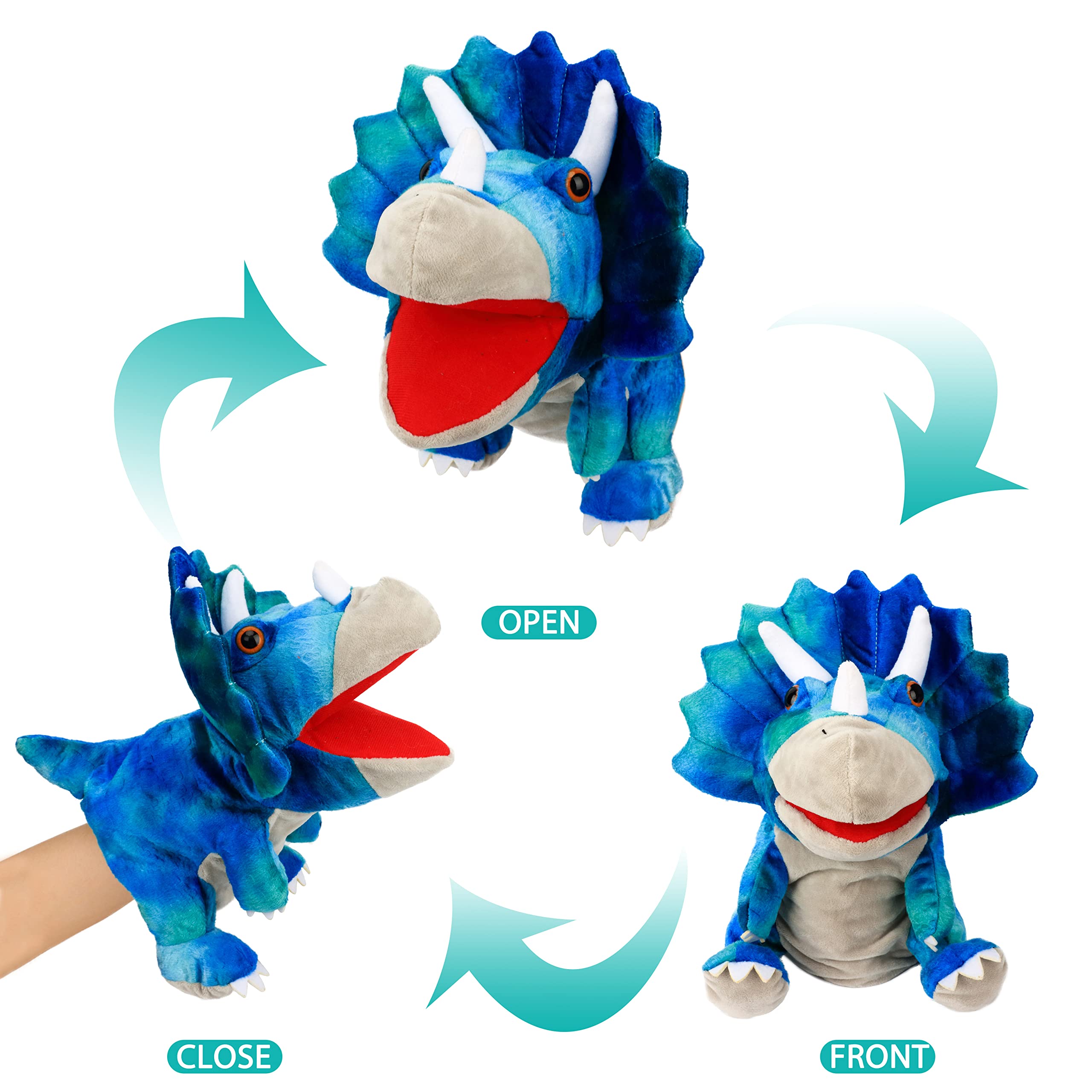 Cuteoy Plush Triceratops Hand Puppet – Soft Dinosaur Toy with Movable Mouth for Kids' Storytelling and Role Play