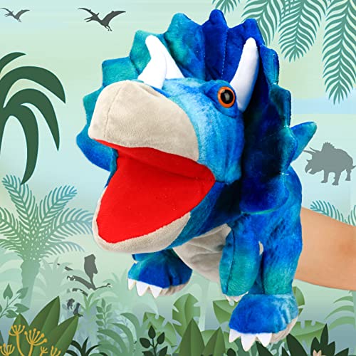 Cuteoy Plush Triceratops Hand Puppet – Soft Dinosaur Toy with Movable Mouth for Kids' Storytelling and Role Play