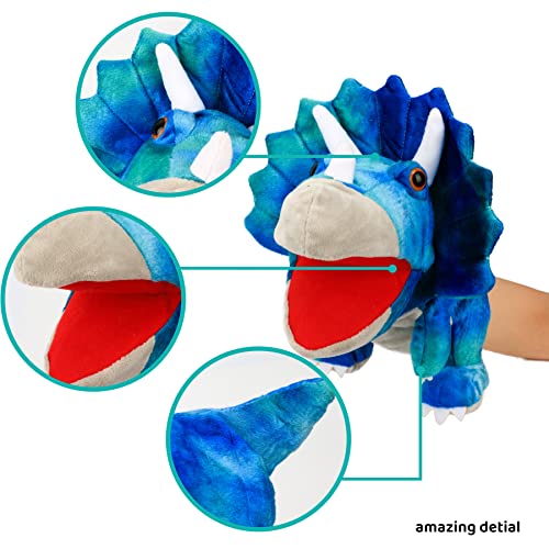 Cuteoy Plush Triceratops Hand Puppet – Soft Dinosaur Toy with Movable Mouth for Kids' Storytelling and Role Play