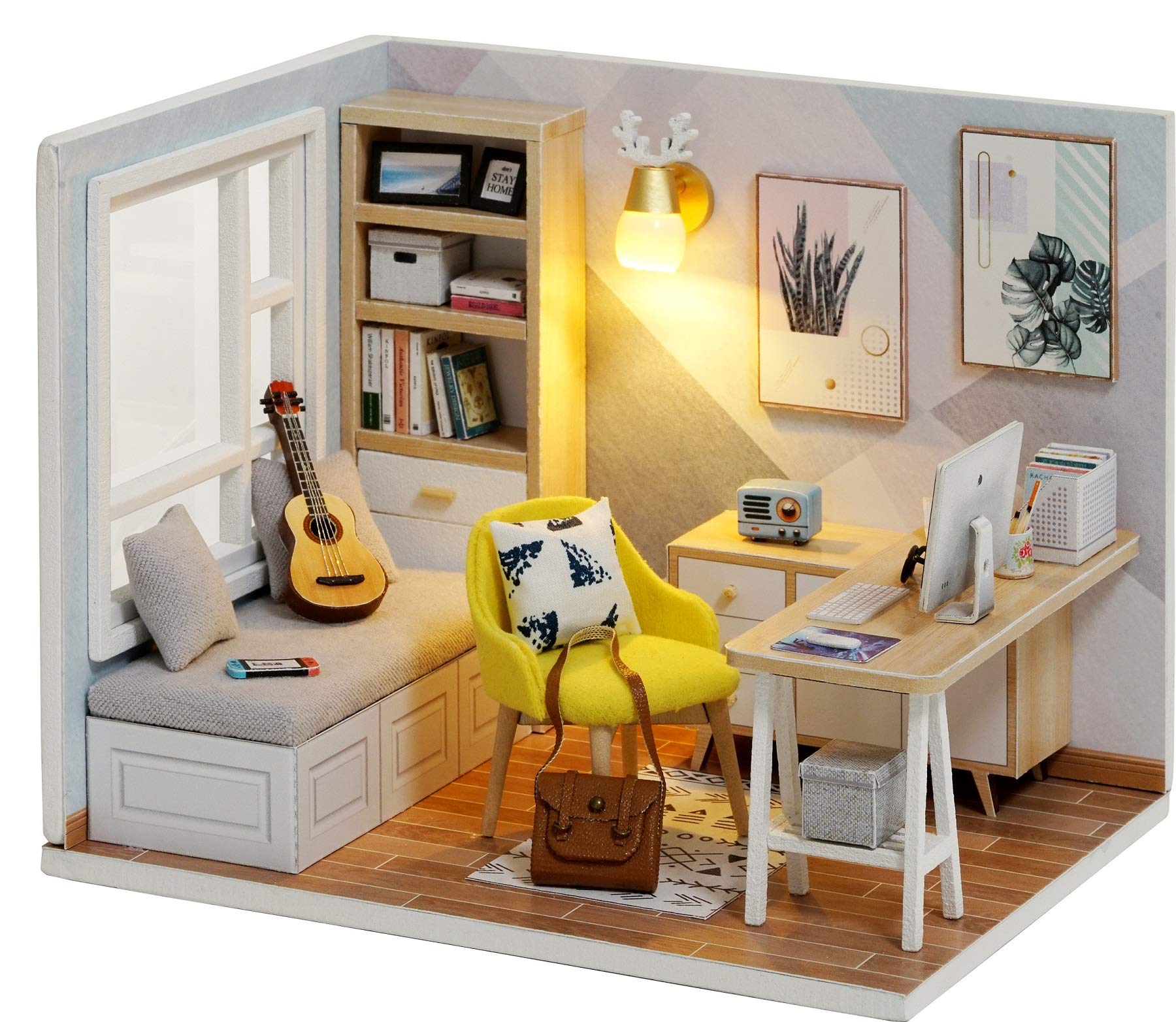 CUTEROOM QT Series DIY Miniature Wooden Dollhouse Kit - 12.7 cm with LED Light and Dust Cover