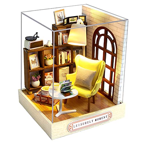 CUTEROOM QT037 Dollhouse Miniature Kit with LED Light & Dust Cover - 9x9x11.5 cm Wooden DIY Craft
