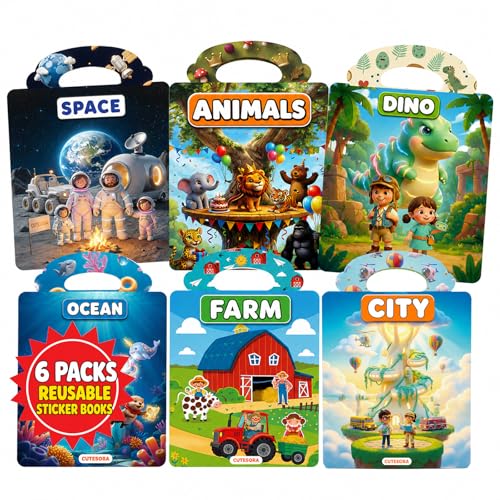 Cutesora 6-Pack Reusable Jelly Sticker Books: Farm, Dino, Space, Ocean, City & Forest — Travel Activity Gift for Toddlers 1-6