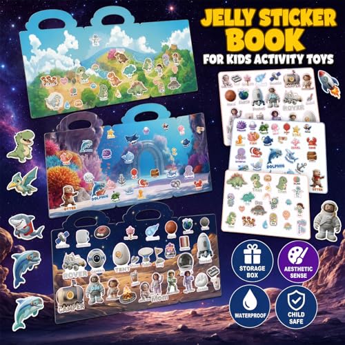 Cutesora 6-Pack Reusable Jelly Sticker Books: Farm, Dino, Space, Ocean, City & Forest — Travel Activity Gift for Toddlers 1-6