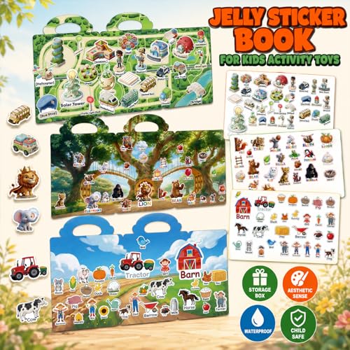 Cutesora 6-Pack Reusable Jelly Sticker Books: Farm, Dino, Space, Ocean, City & Forest — Travel Activity Gift for Toddlers 1-6