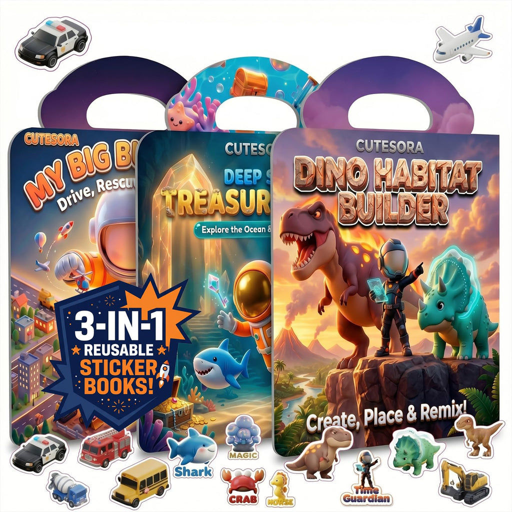 Cutesora Large Reusable Jelly Sticker Books for Boys Ages 3-8 – 3 Sets: Dino, Ocean & Vehicle