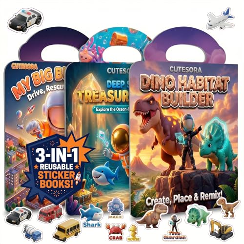 Cutesora Large Reusable Jelly Sticker Books for Boys Ages 3-8 – 3 Sets: Dino, Ocean & Vehicle