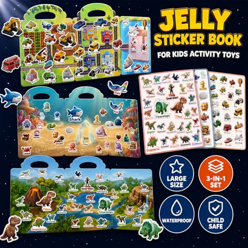 Cutesora Large Reusable Jelly Sticker Books for Boys Ages 3-8 – 3 Sets: Dino, Ocean & Vehicle