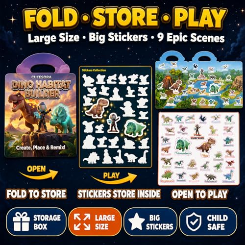 Cutesora Large Reusable Jelly Sticker Books for Boys Ages 3-8 – 3 Sets: Dino, Ocean & Vehicle