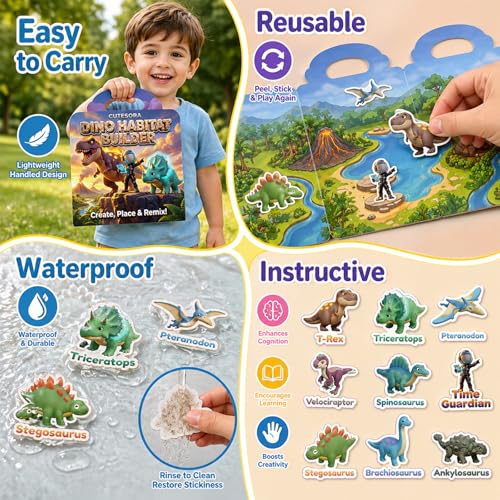 Cutesora Large Reusable Jelly Sticker Books for Boys Ages 3-8 – 3 Sets: Dino, Ocean & Vehicle