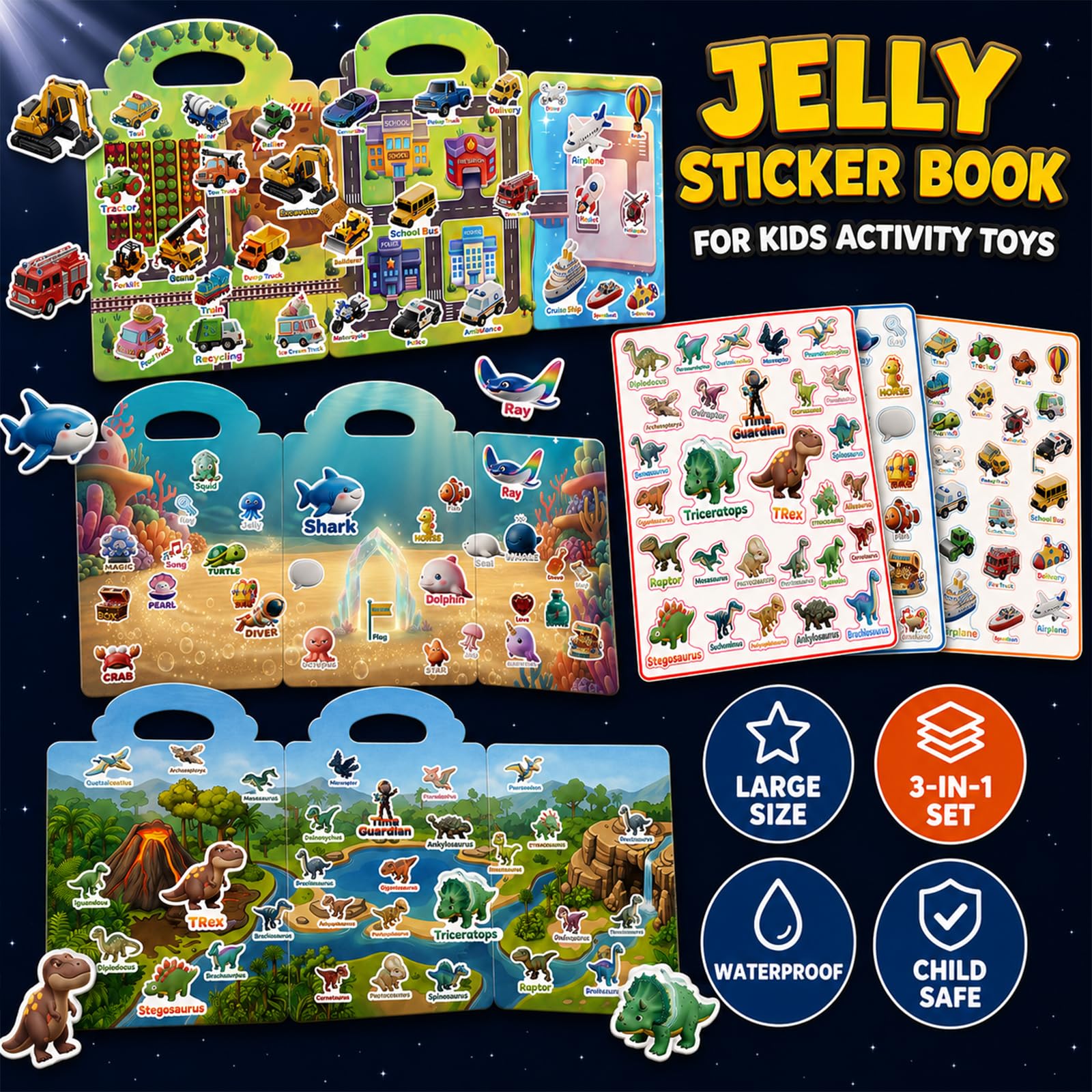 Cutesora Large Reusable Jelly Sticker Books for Boys Ages 3-8 – 3 Sets: Dino, Ocean & Vehicle