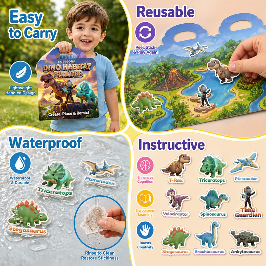 Cutesora Large Reusable Jelly Sticker Books for Boys Ages 3-8 – 3 Sets: Dino, Ocean & Vehicle