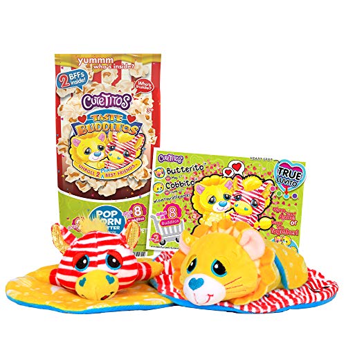 Cutetitos Budditos Buttered Popcorn Edition – Two 5-Inch Plush Lion and Zebra Toys with Heart-Shaped Wrap for Kids Ages 3+