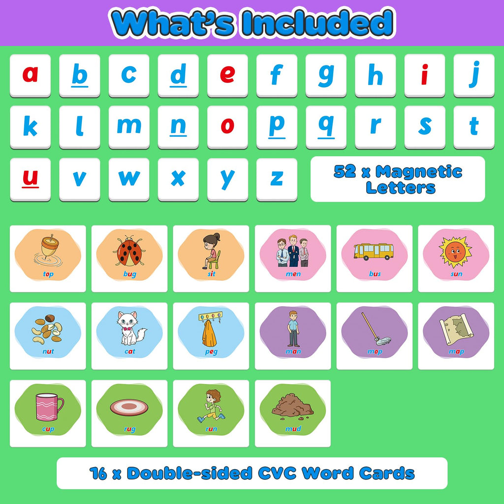 CVC Word Games Set with Magnetic Letters & Flashcards – Phonics Learning for Kids, Speech Therapy, Preschool Classroom