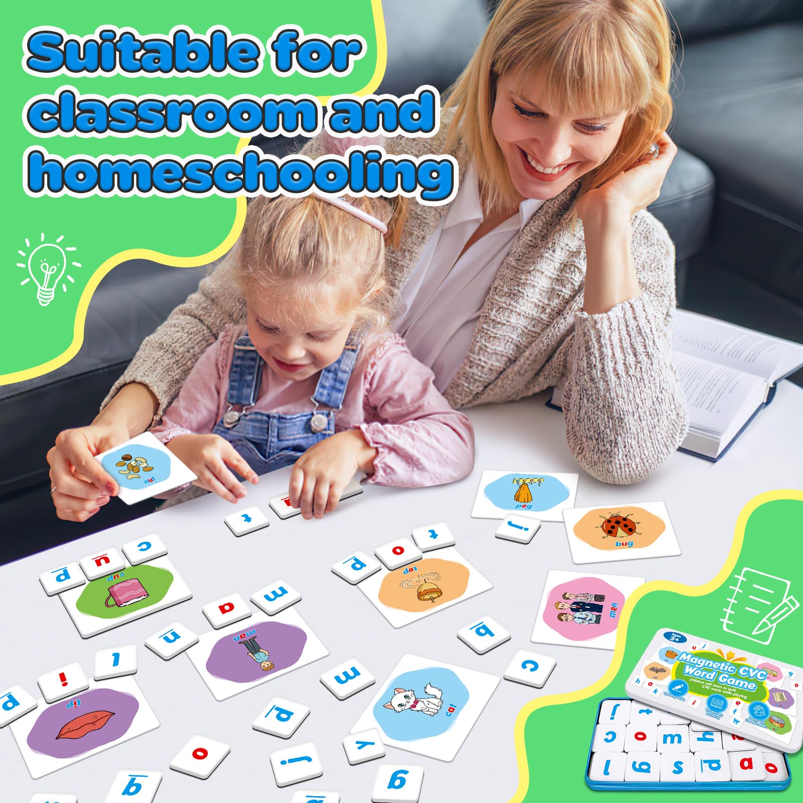 CVC Word Games Set with Magnetic Letters & Flashcards – Phonics Learning for Kids, Speech Therapy, Preschool Classroom