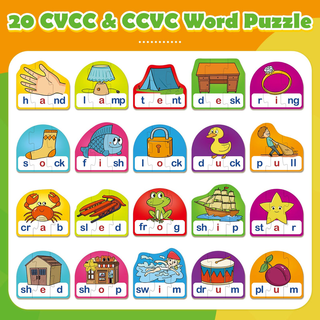 CVCC & CCVC Puzzle Cards – Phonics Games for Ages 3-6, 60 Pieces with Storage Bag
